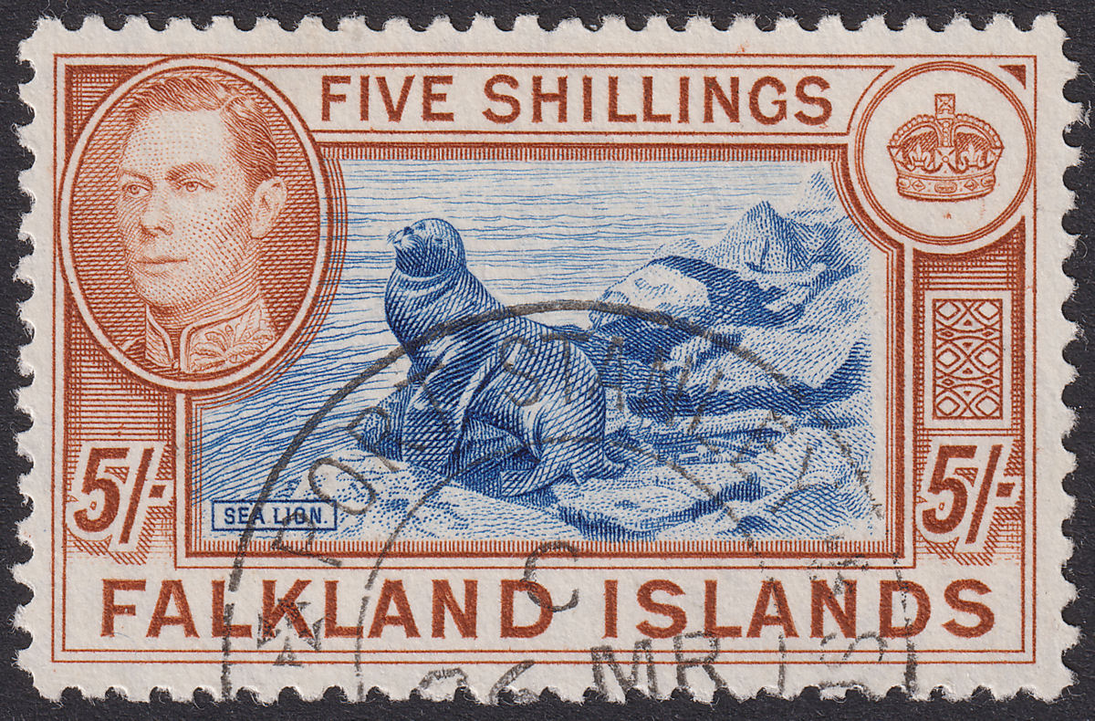 Falkland Islands 1938 KGVI 5sh Blue and Chestnut Used SG161 cat £95