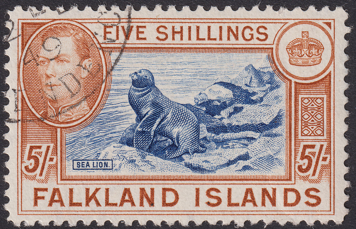 Falkland Islands used Dependencies 1949 KGVI 5sh Indigo + Yel-Brown Used SG161b