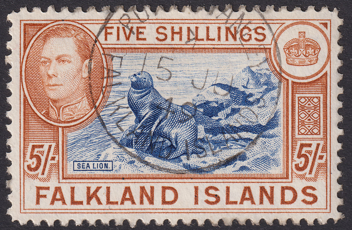 Falkland Islands 1938 KGVI 5sh Indigo + Pale Yellow-Brown Used SG161b PERF STAIN