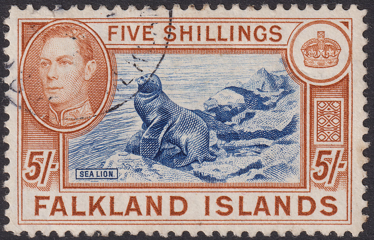 Falkland Islands 1938 KGVI 5sh Indigo and Pale Yellow-Brown Used SG161b cat £90