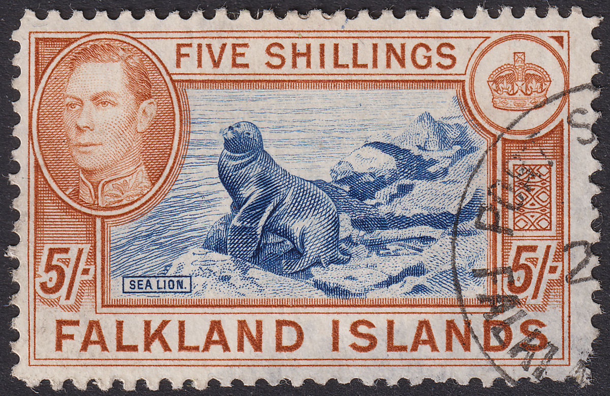 Falkland Islands 1938 KGVI 5sh Indigo and Pale Yellow-Brown Used SG161b THINNED