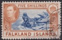 Click for more photos and details Falkland Islands 1938 KGVI 5sh Indigo and Pale Yellow-Brown Used SG161b THINNED