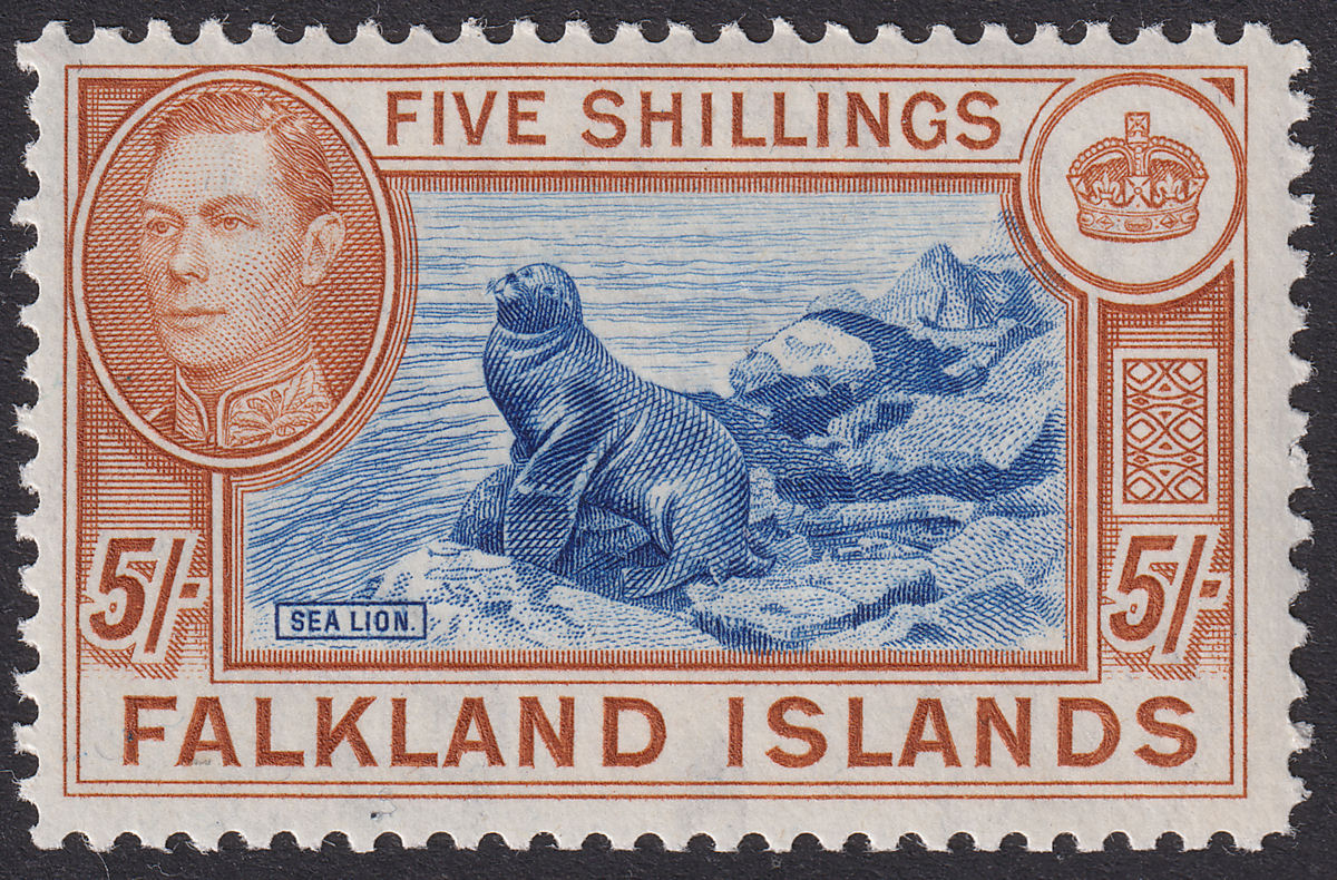 Falkland Islands 1949 KGVI 5sh Dull Blue and Yellow-Brown Mint SG161c cat £140