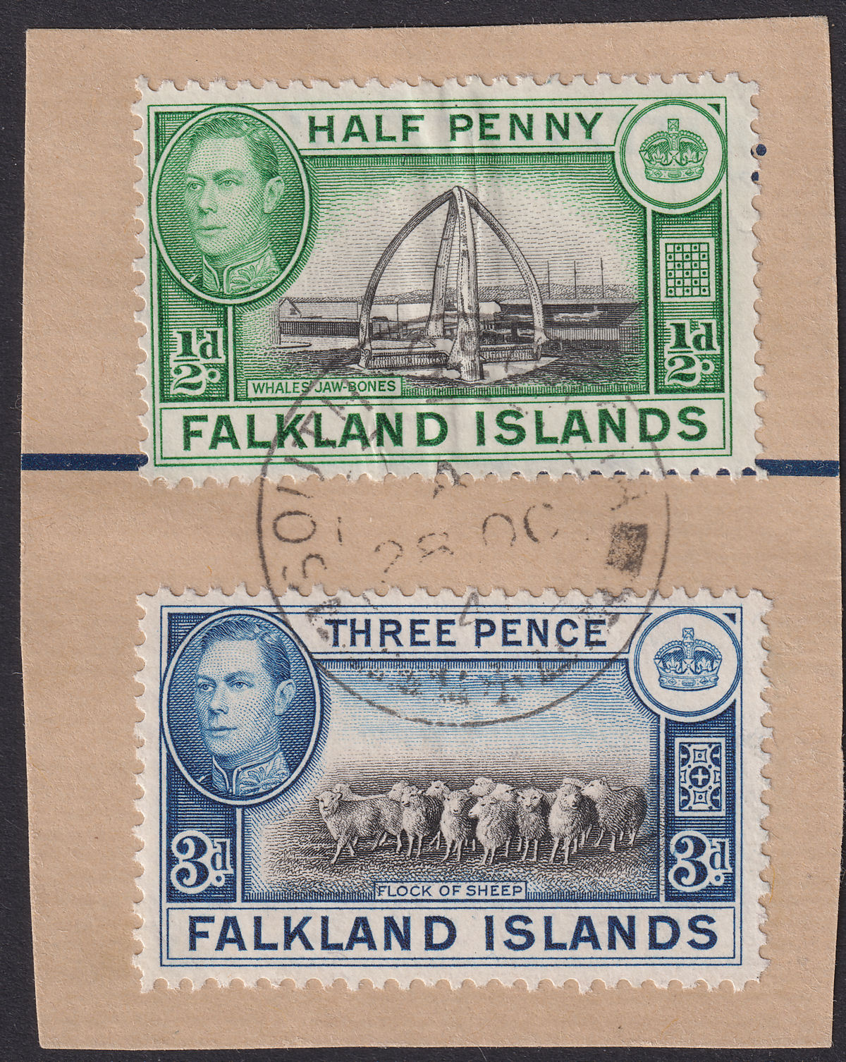 Falkland Islands used South Georgia 1941 KGVI ½d + 3d Used on Piece SG Z73 Z79