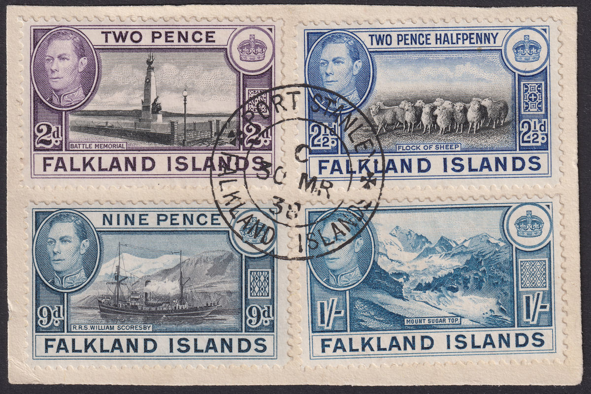 Falkland Islands 1938 KGVI 1sh, 9d, 2½d + 2d Used on Piece SG151 SG157 SG158