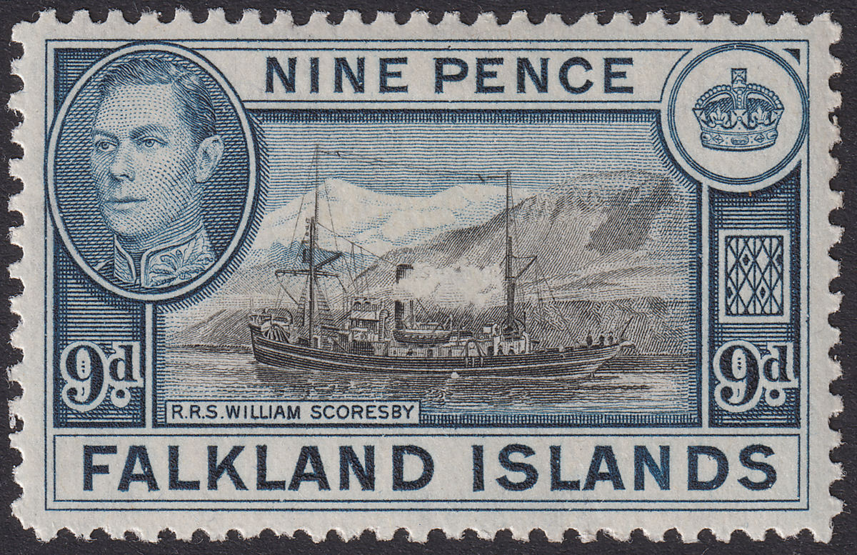 Falkland Islands 1944 KGVI 9d Brown-Black and Grey-Blue Mint SG157