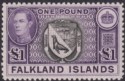 Click for more photos and details Falkland Islands 1944 KGVI £1 Grey-Black + Bluish Violet UM Mint SG163 cat £150