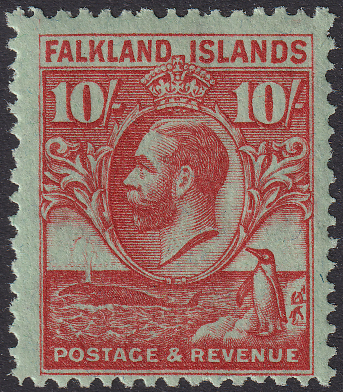 Falkland Islands 1929 KGV Whale + Penguins 10sh Carm on Emerald Mint SG125 c£250