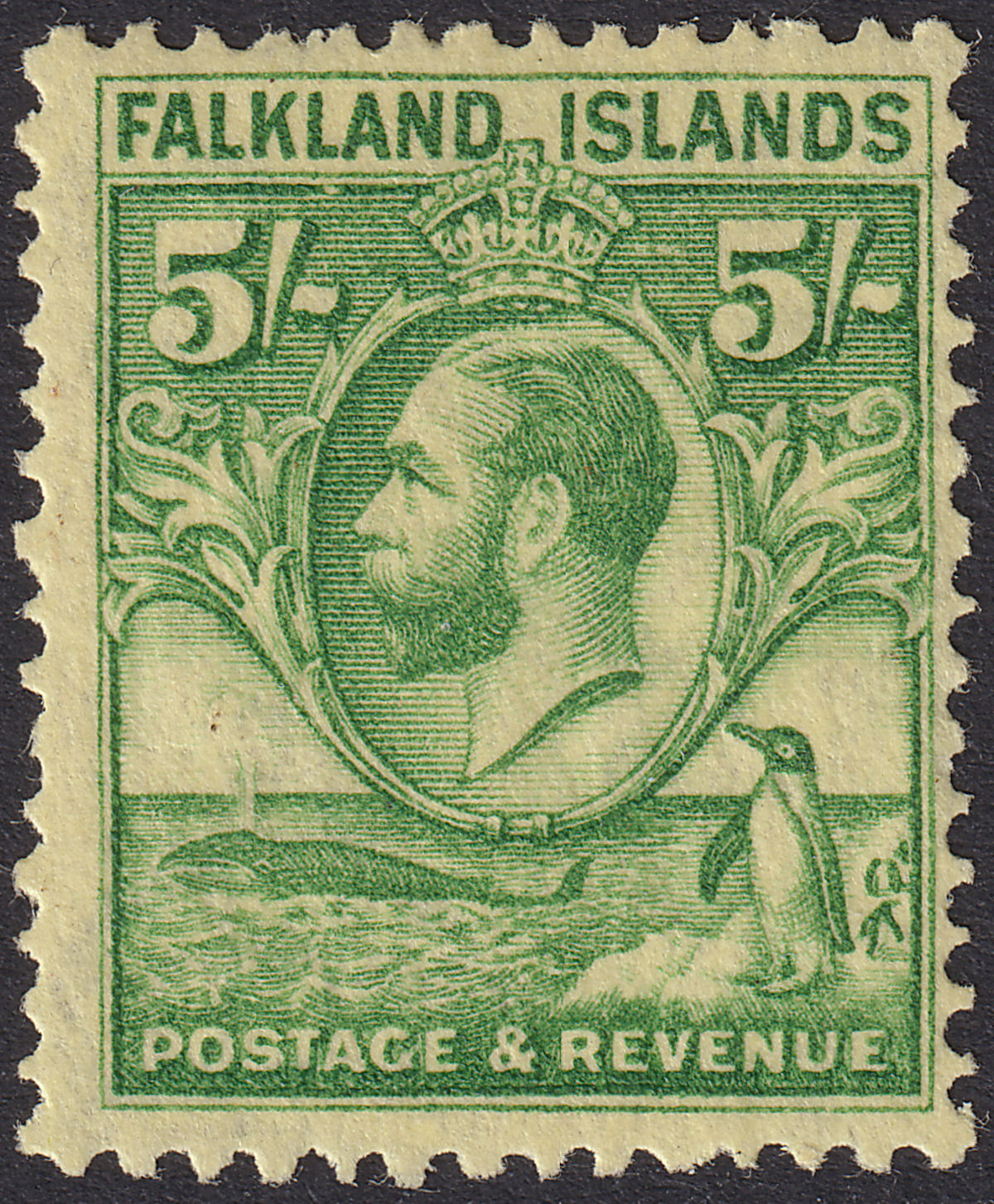 Falkland Islands 1929 KGV Whale + Penguins 5sh Green on Yellow Mint SG124 c£100