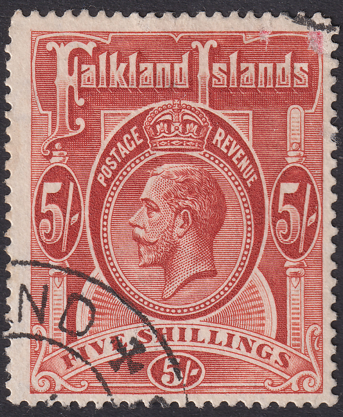 Falkland Islands 1912 KGV 5sh Deep Rose-Red Used SG67 with REPAIRED corner
