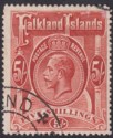 Falkland Islands 1912 KGV 5sh Deep Rose-Red Used SG67 with REPAIRED corner