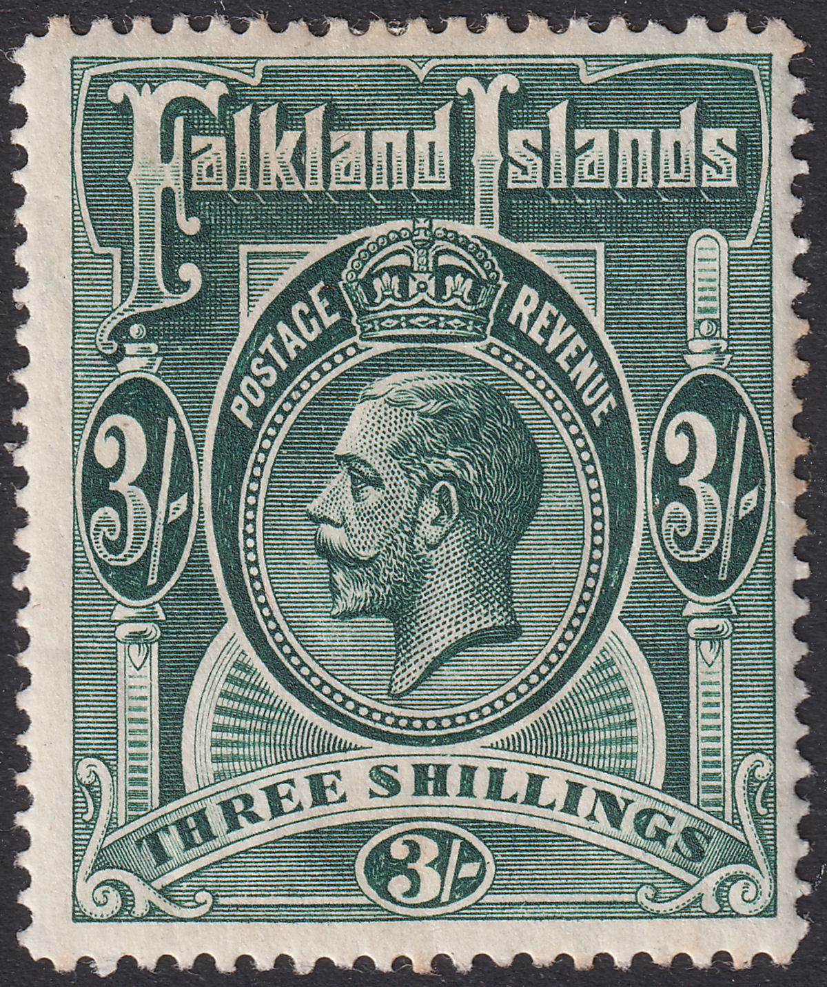 Falkland Islands 1912 KGV 3sh Slate-Green Mint SG66 cat £100 small tones