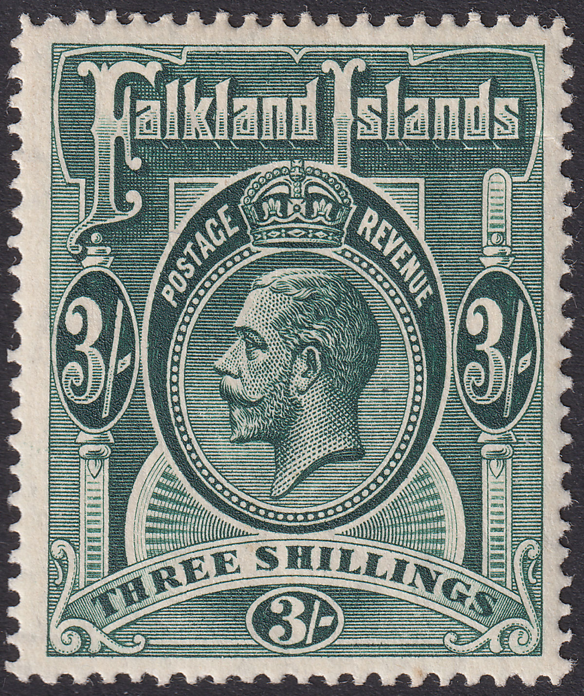 Falkland Islands 1912 KGV 3sh Slate-Green Mint SG66 cat £100