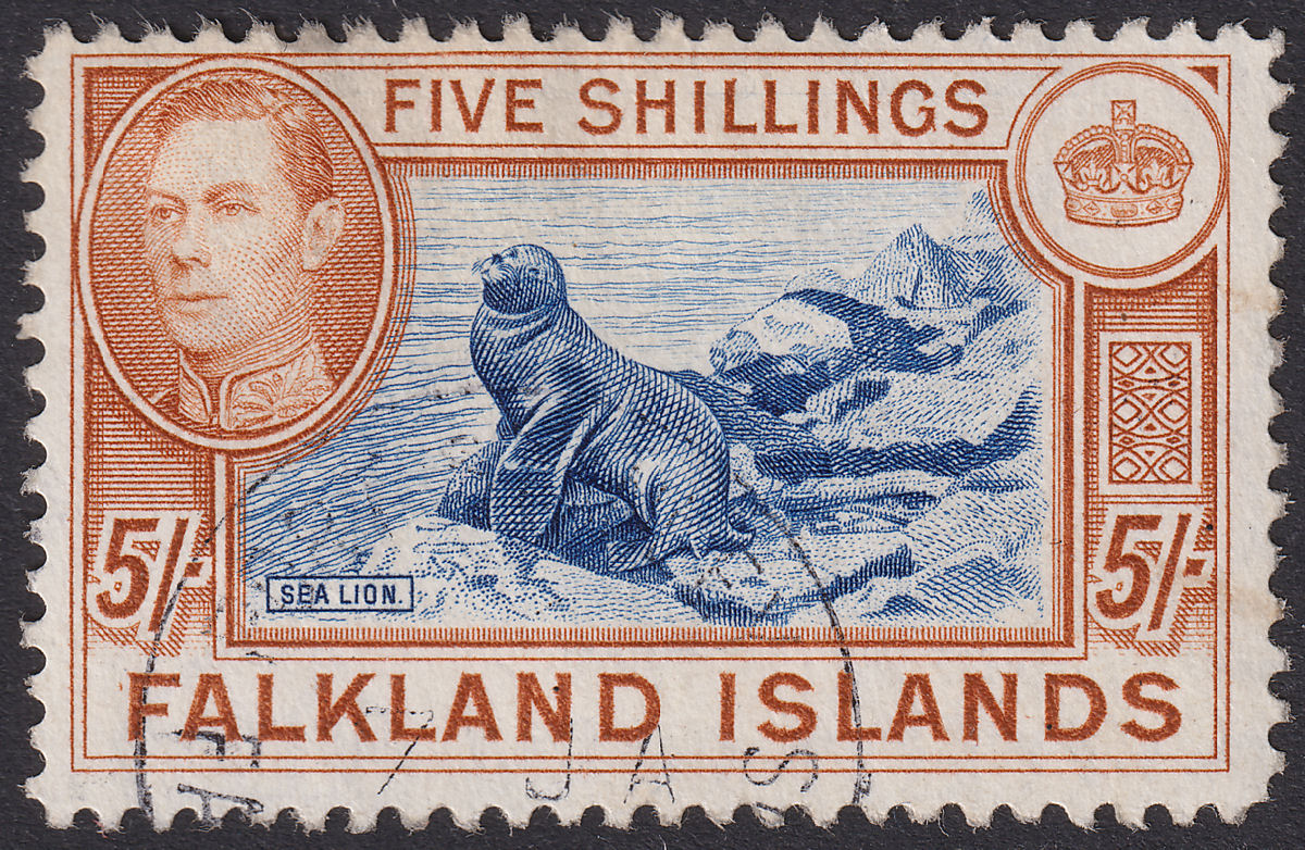 Falkland Islands 1938 KGVI 5sh Indigo + Pale Yellow-Brown Used SG161b PERF STAIN