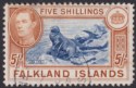 Falkland Islands 1938 KGVI 5sh Indigo + Pale Yellow-Brown Used SG161b PERF STAIN