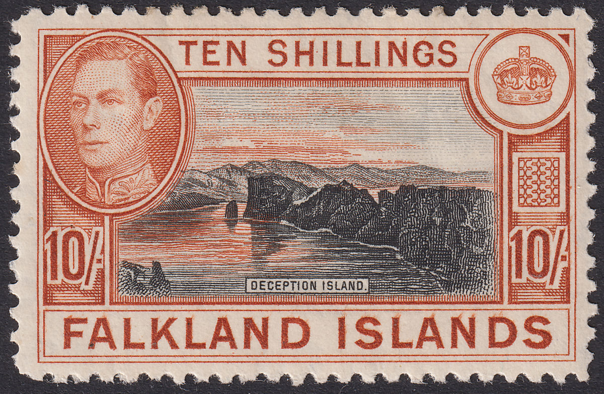 Falkland Islands 1938 KGVI 10sh Black and Orange-Brown Mint SG162 cat £200