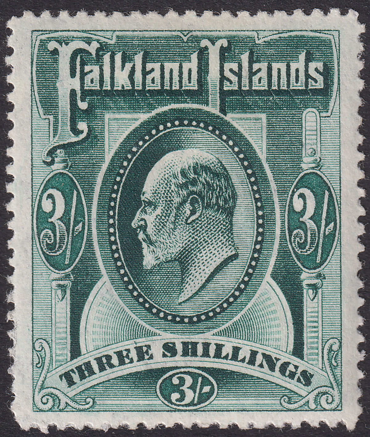 Falkland Islands 1907 KEVII 3sh Deep Green Mint SG49b cat £160