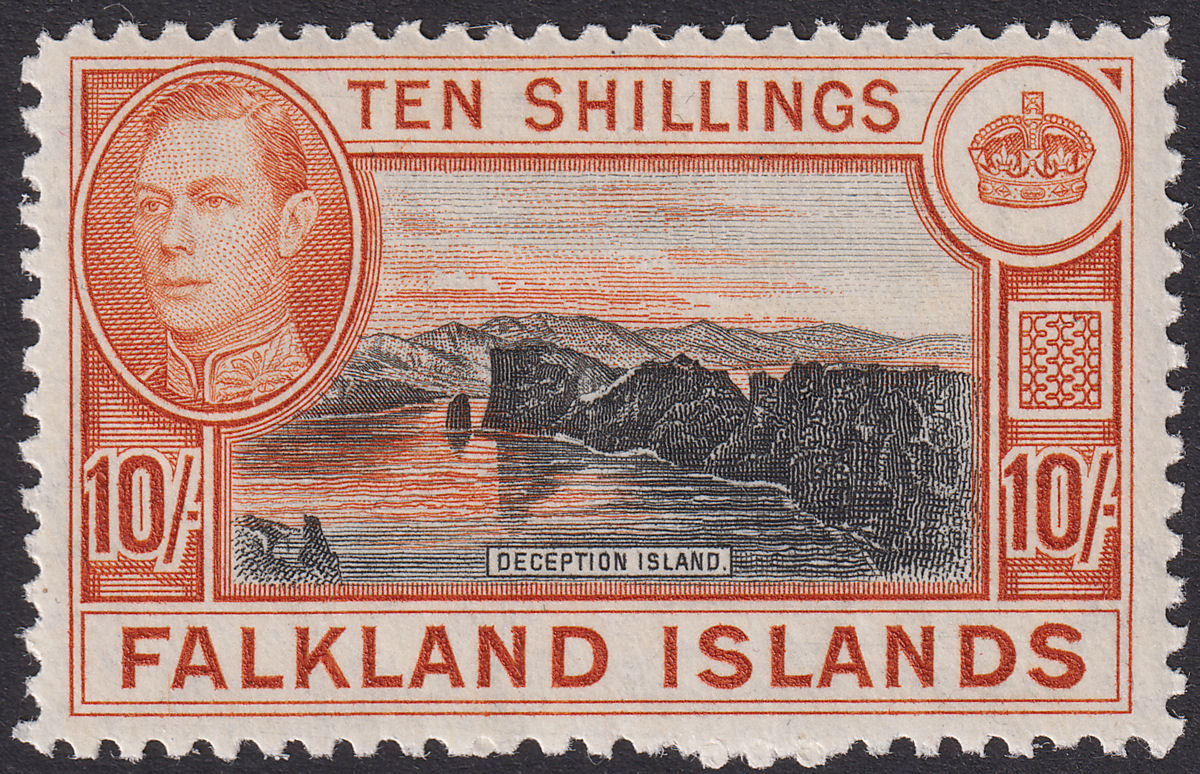 Falkland Islands 1949 KGVI 10sh Black and Red-Orange Mint SG162b cat £140