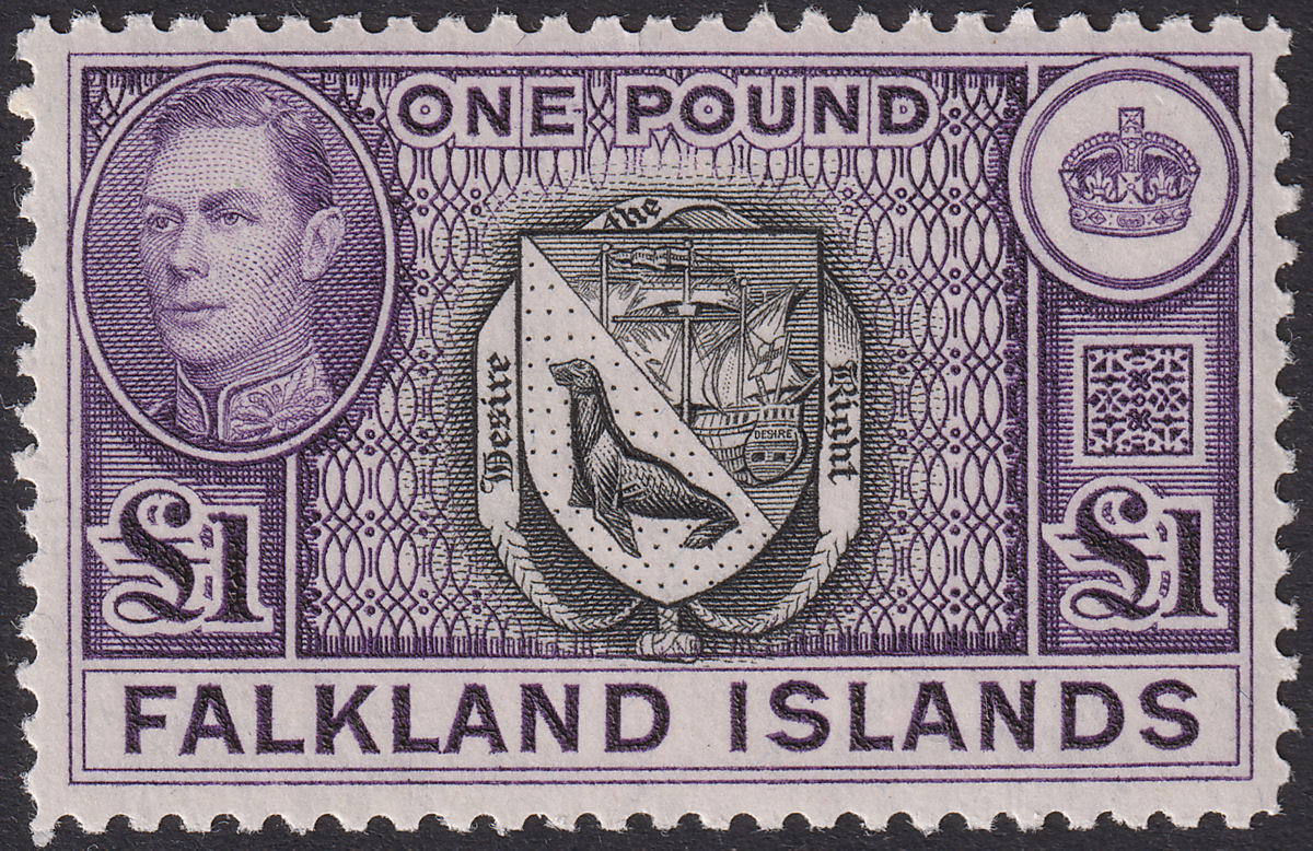Falkland Islands 1944 KGVI £1 Grey-Black and Bluish Violet Mint SG163 cat £150