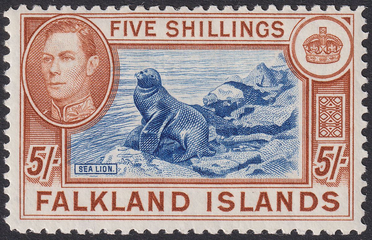 Falkland Islands 1938 KGVI 5sh Blue and Chestnut UM Mint SG161 cat £150 MNH