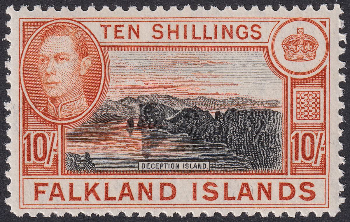 Falkland Islands 1949 KGVI 10sh Black and Red-Orange UM Mint SG162b cat £130 MNH