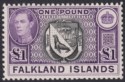 Click for more photos and details Falkland Islands 1938 KGVI £1 Black and Dull Violet Mint SG163