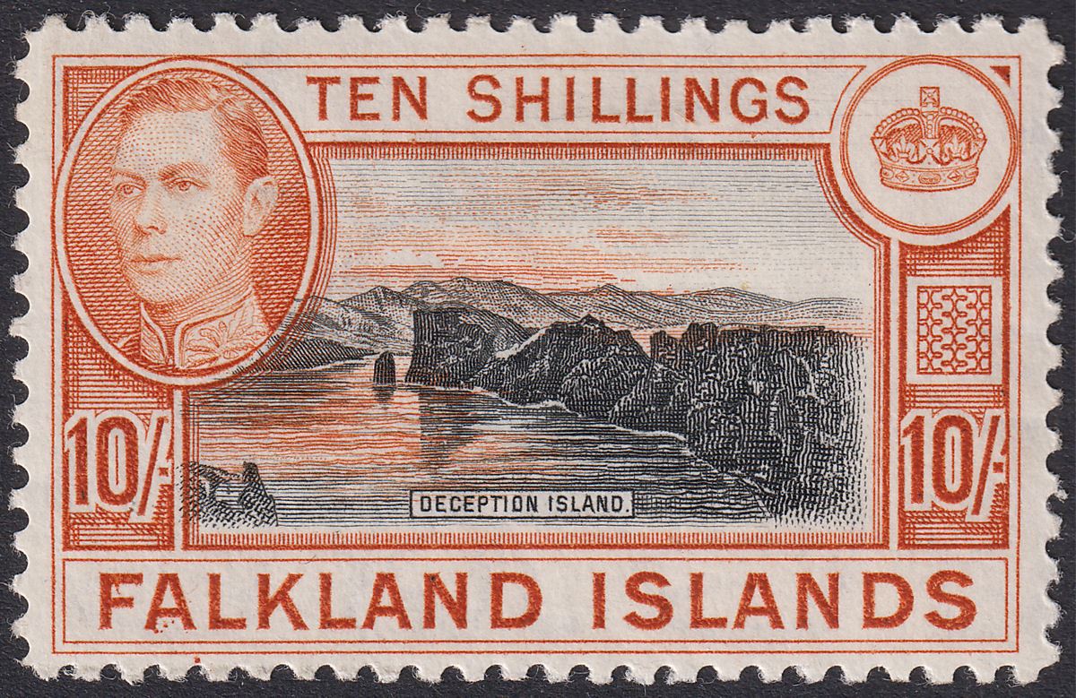 Falkland Islands 1942 KGVI 10sh Black and Light Orange Mint SG162a