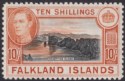 Click for more photos and details Falkland Islands 1942 KGVI 10sh Black and Light Orange Mint SG162a