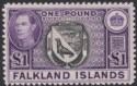 Falkland Islands 1944 KGVI £1 Grey-Black and Bluish Violet Mint SG163