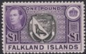 Click for more photos and details Falkland Islands 1944 KGVI £1 Grey-Black and Bluish Violet Mint SG163