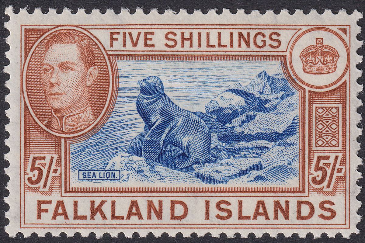 Falkland Islands 1950 KGVI 5sh Steel Blue and Brown-Buff Mint SG161d