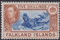 Click for more photos and details Falkland Islands 1950 KGVI 5sh Steel Blue and Brown-Buff Mint SG161d
