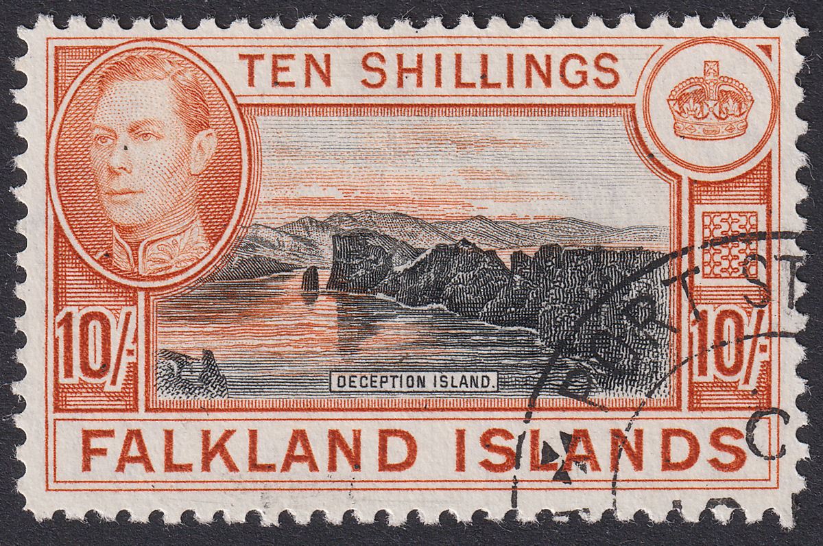 Falkland Islands 1942 KGVI 10sh Black and Light Orange Used SG162a cat £65