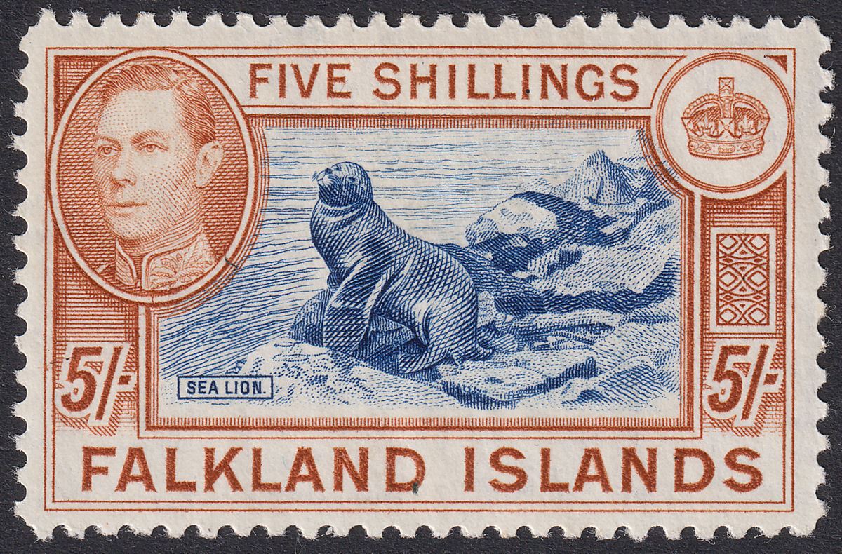 Falkland Islands 1938 KGVI 5sh Indigo and Pale Yellow-Brown Mint SG161b