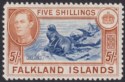 Click for more photos and details Falkland Islands 1938 KGVI 5sh Indigo and Pale Yellow-Brown Mint SG161b