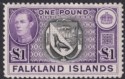 Click for more photos and details Falkland Islands 1938 KGVI £1 Black and Reddish Violet Mint SG163