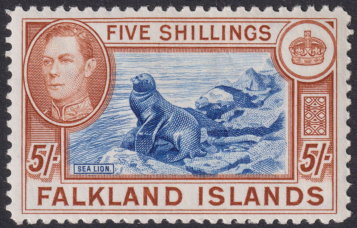 Falkland Islands 1938 KGVI 5sh Blue and Chestnut Mint SG161