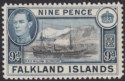 Click for more photos and details Falkland Islands 1937 KGVI 9d Black and Grey-Blue Mint SG157