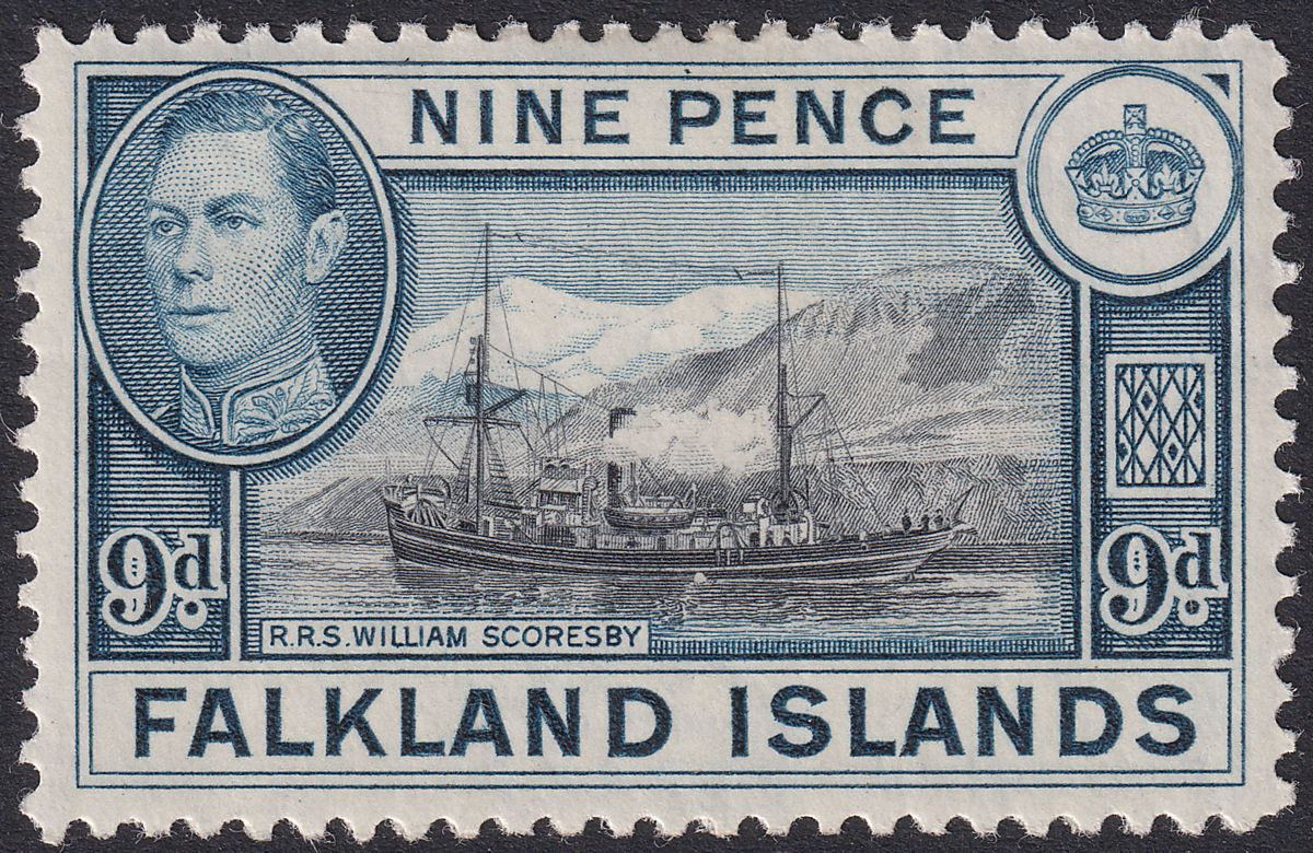 Falkland Islands 1938 KGVI 9d Sepia and Grey-Blue Mint SG157