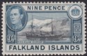 Click for more photos and details Falkland Islands 1938 KGVI 9d Sepia and Grey-Blue Mint SG157