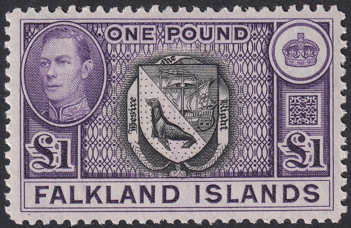 Falkland Islands 1944 KGVI £1 Grey-Black and Bluish Violet Mint SG163 cat £150