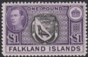 Falkland Islands 1944 KGVI £1 Grey-Black and Bluish Violet Mint SG163 cat £150
