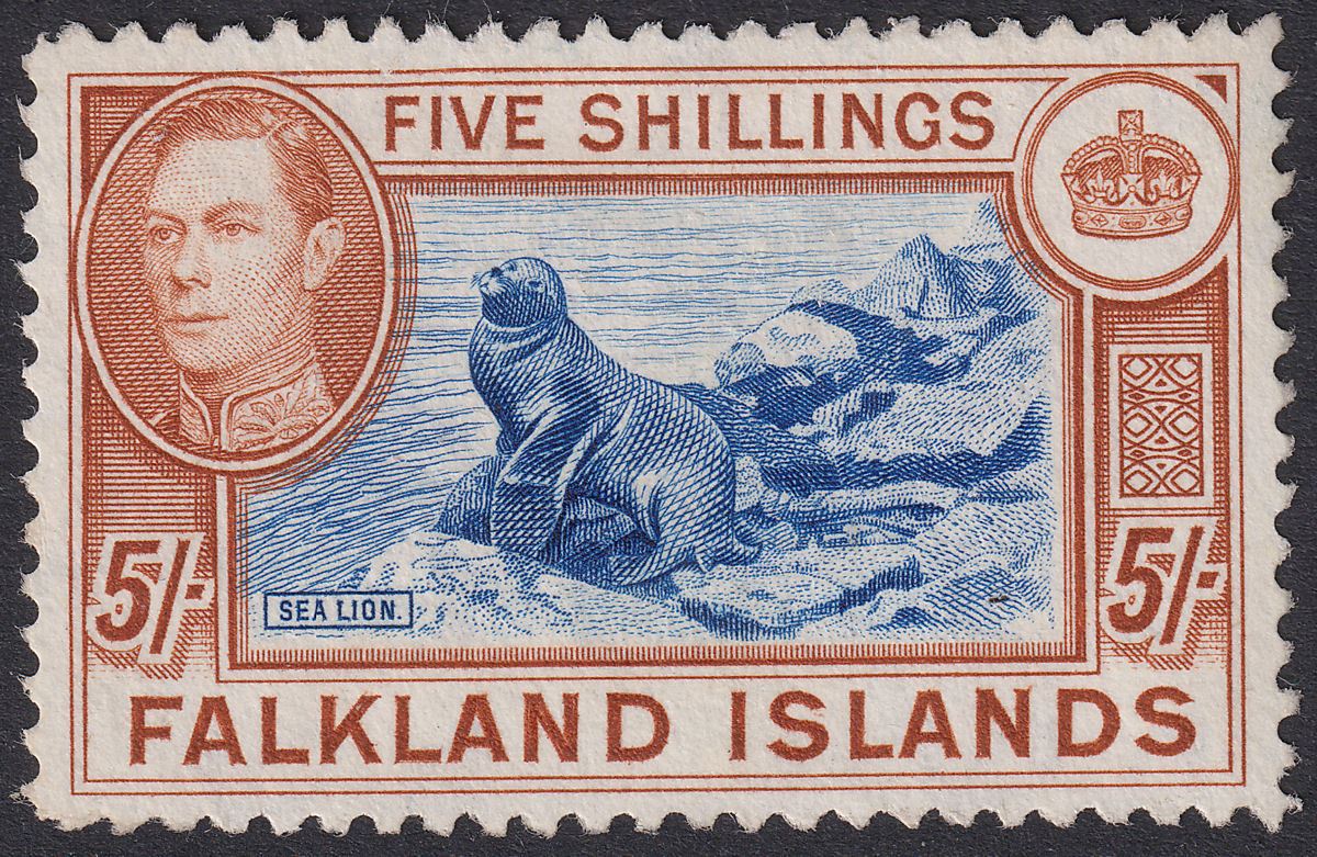 Falkland Islands 1938 KGVI 5sh Blue and Chestnut Unused SG161 with no gum