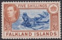 Falkland Islands 1938 KGVI 5sh Blue and Chestnut Unused SG161 with no gum