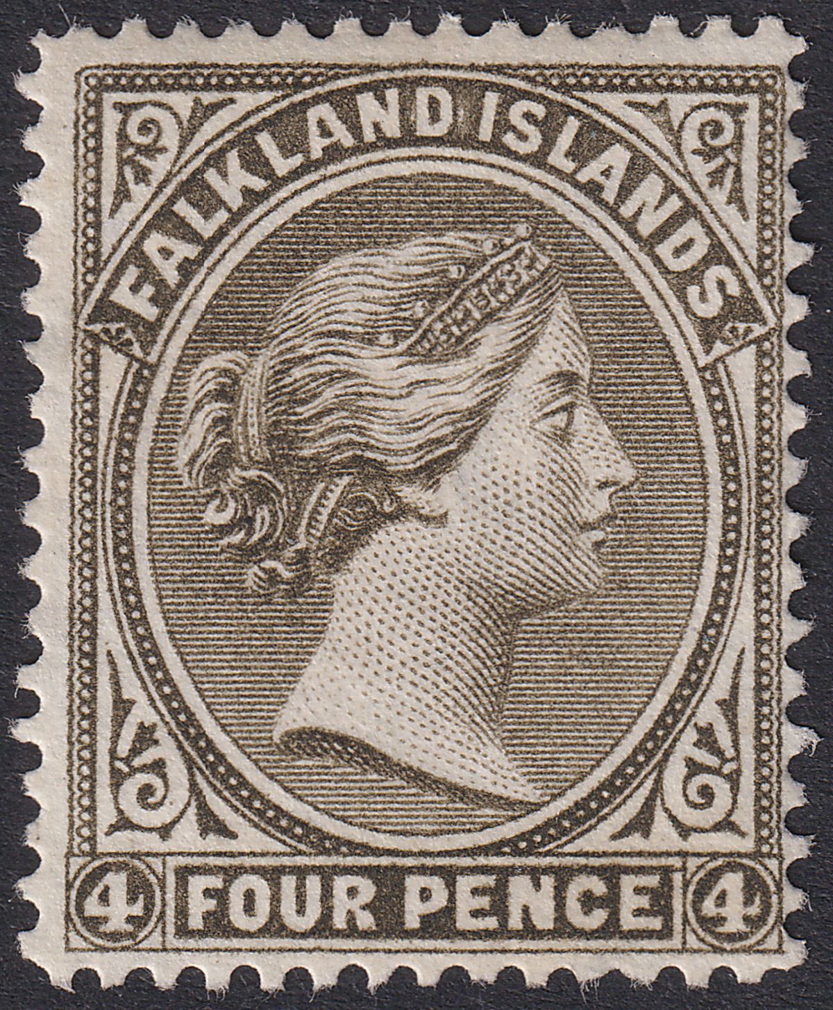 Falkland Islands 1887 QV 4d Grey-Black wmk Crown Right Unused SG10x c£475 as Mnt