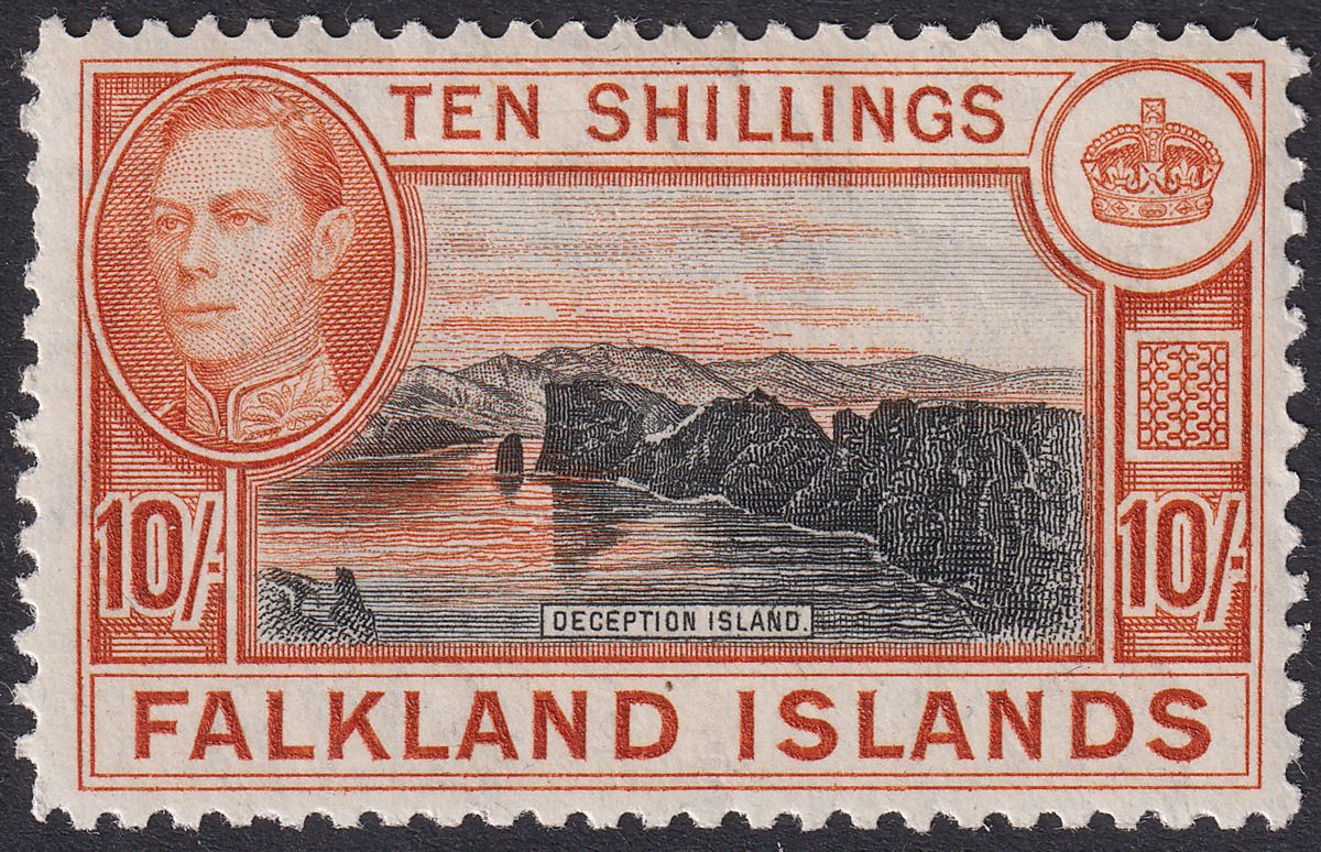 Falkland Islands 1949 KGVI 10sh Black and Red-Orange Mint SG162b cat £140