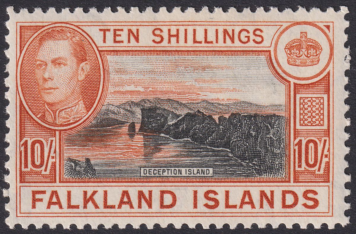 Falkland Islands 1949 KGVI 10sh Black and Red-Orange Mint SG162b cat £140