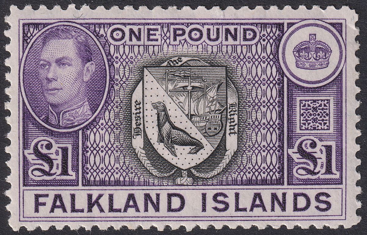 Falkland Islands 1944 KGVI £1 Grey-Black + Bluish Violet Mint SG163 c£140 FAULTS