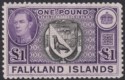 Falkland Islands 1944 KGVI £1 Grey-Black + Bluish Violet Mint SG163 c£140 FAULTS