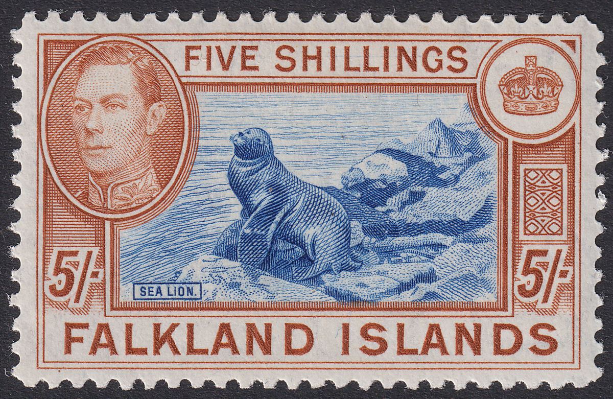 Falkland Islands 1949 KGVI 5sh Dull Blue and Yellow-Brown Mint SG161c cat £140